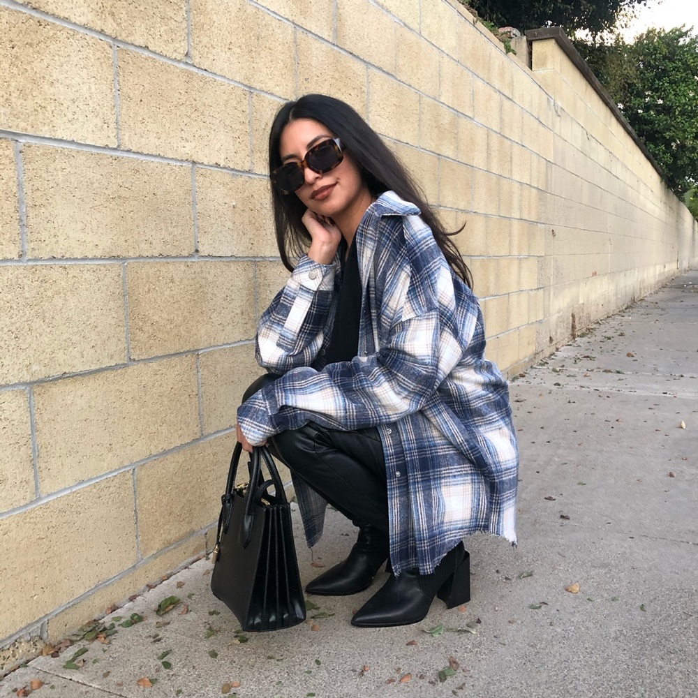 Oversized Plaid Flannel Shacket- Navy Blue & Beige